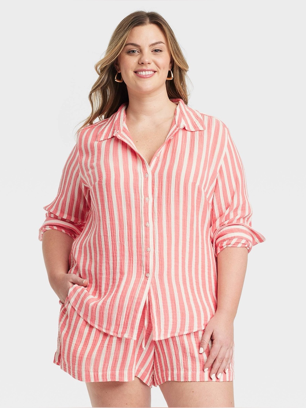 Universal Thread Relaxed Fit Gauze Button Down Shirt NWT Coral Stripe XXL